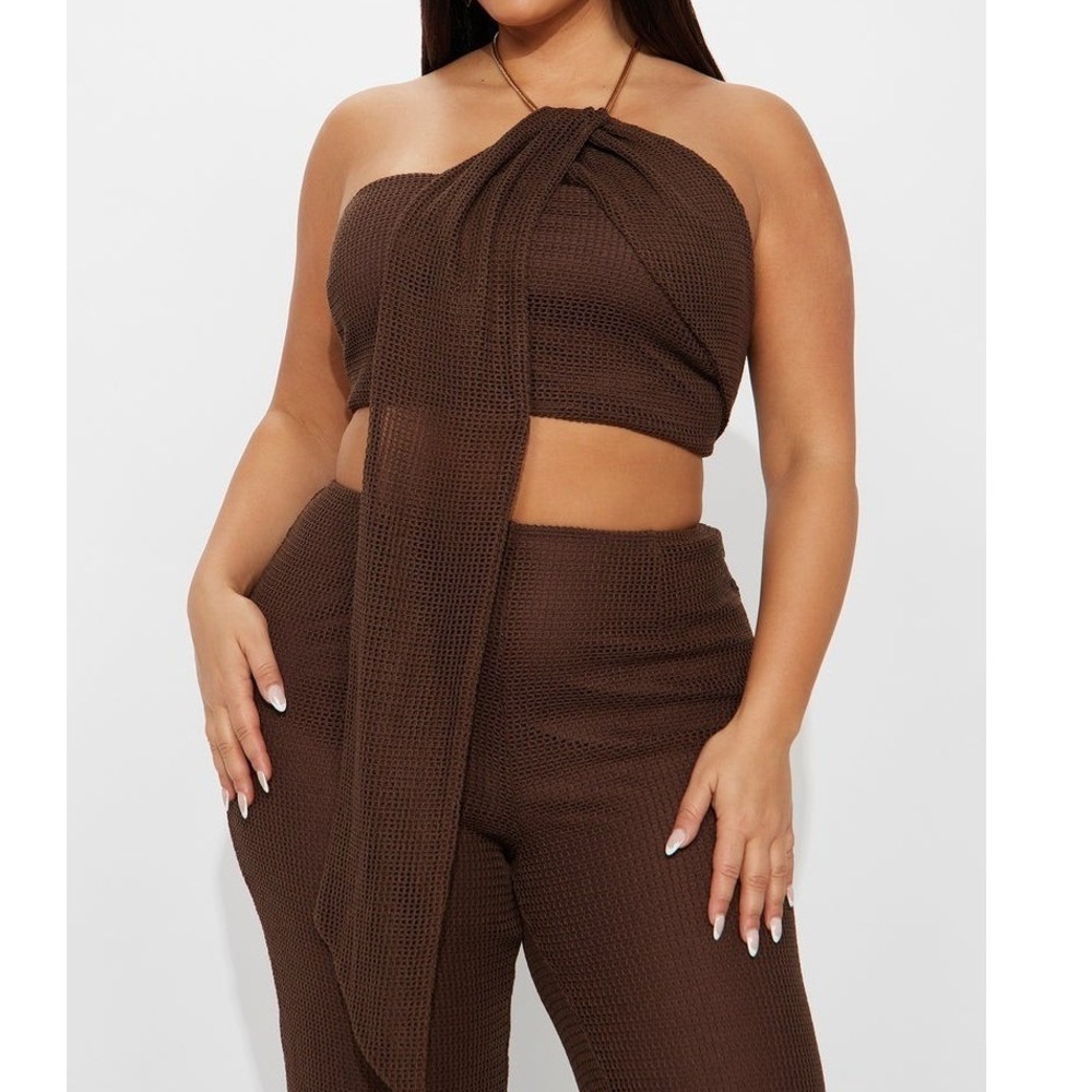 Jumpsuit Crochet Brown One Shoulder Cutout Sz M Fashion Nova - Picture 6 of 6